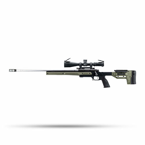 Upgrade your precision rifle with the MDT Oryx Sportsman Chassis featuring V-shaped bedding, adjustable buttstock, and compatibility with AR15 grips and M-Lok accessories.